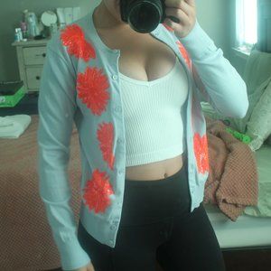 J Crew floral orange and blue button up sweater